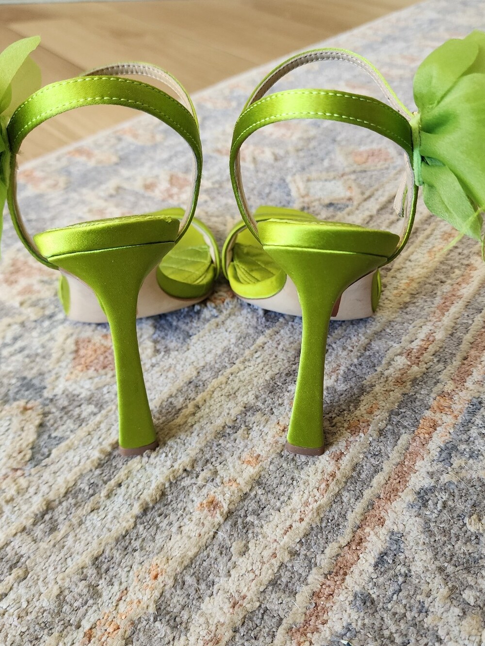 Leana Sandal-Sam Edelman Lime Green Satin Floral  Ankle-Strap Heels - Picture 5 of 7